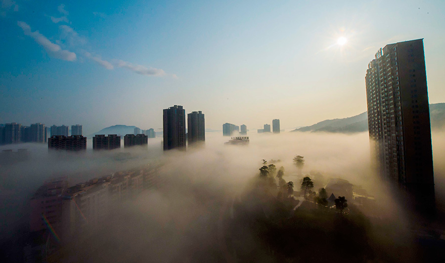 福建泉州现平流雾 城市犹如仙境