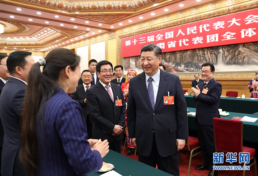 　3月7日，中共中央总书记、国家主席、中央军委主席习近平参加十三届全国人大二次会议甘肃代表团的审议。 新华社记者 谢环驰 摄