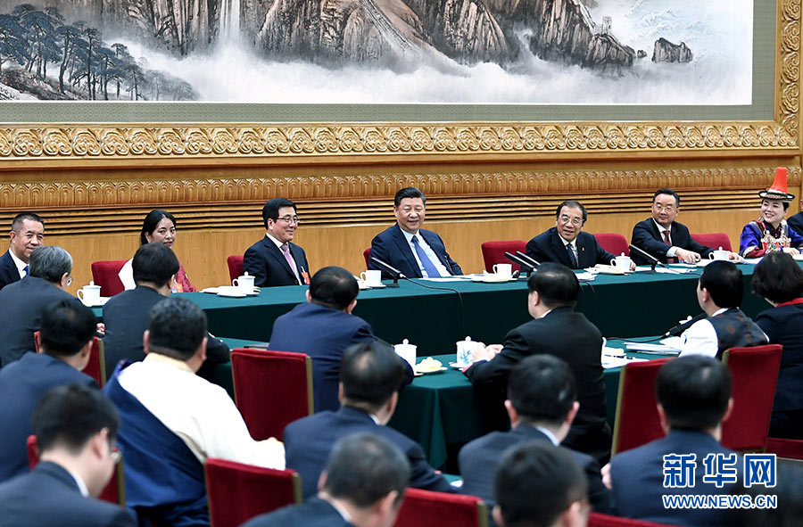 　3月7日，中共中央总书记、国家主席、中央军委主席习近平参加十三届全国人大二次会议甘肃代表团的审议。 新华社记者 谢环驰 摄