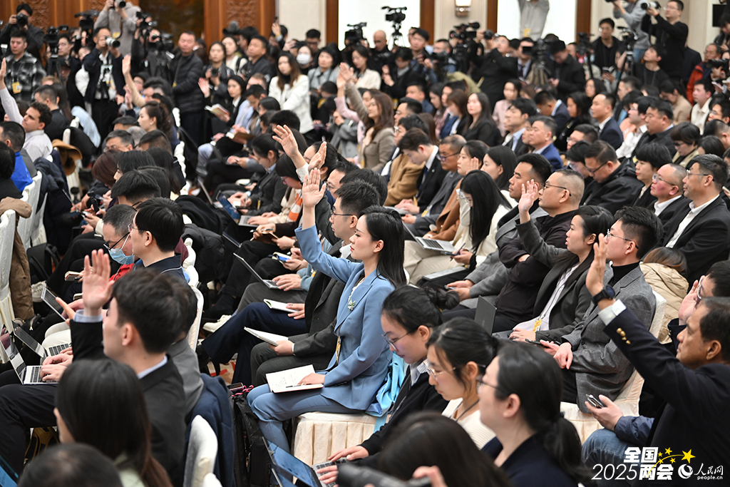 在十四届全国人大三次会议新闻发布会现场，记者举手提问。