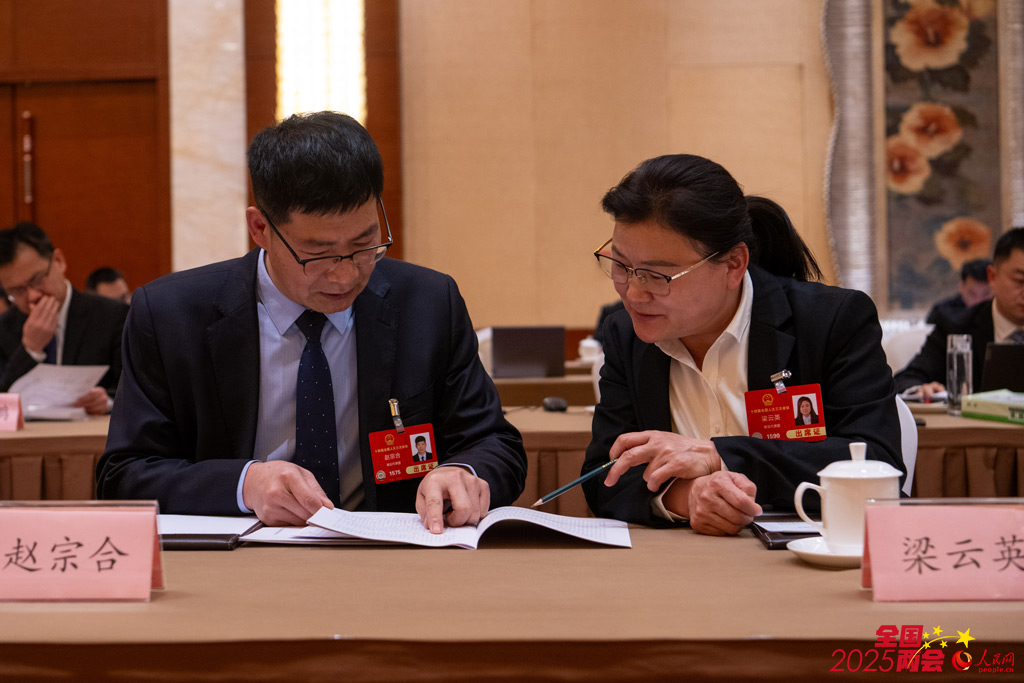 3月5日下午，在湖北省代表團全體會議上，趙宗合代表（左）與梁雲英代表正在討論政府工作報告。人民網記者 翁奇羽攝