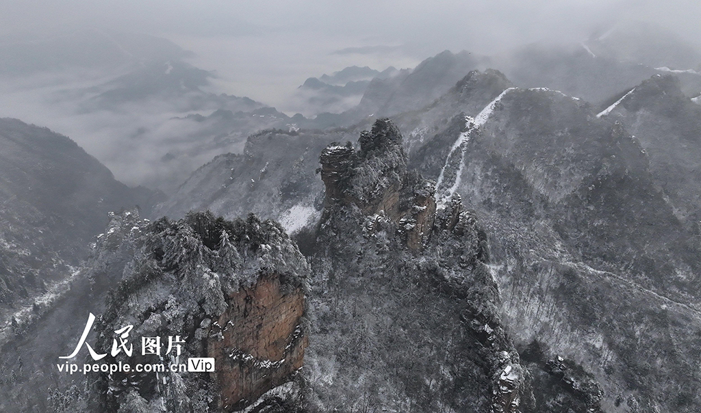 湖南张家界：春雪染峰林