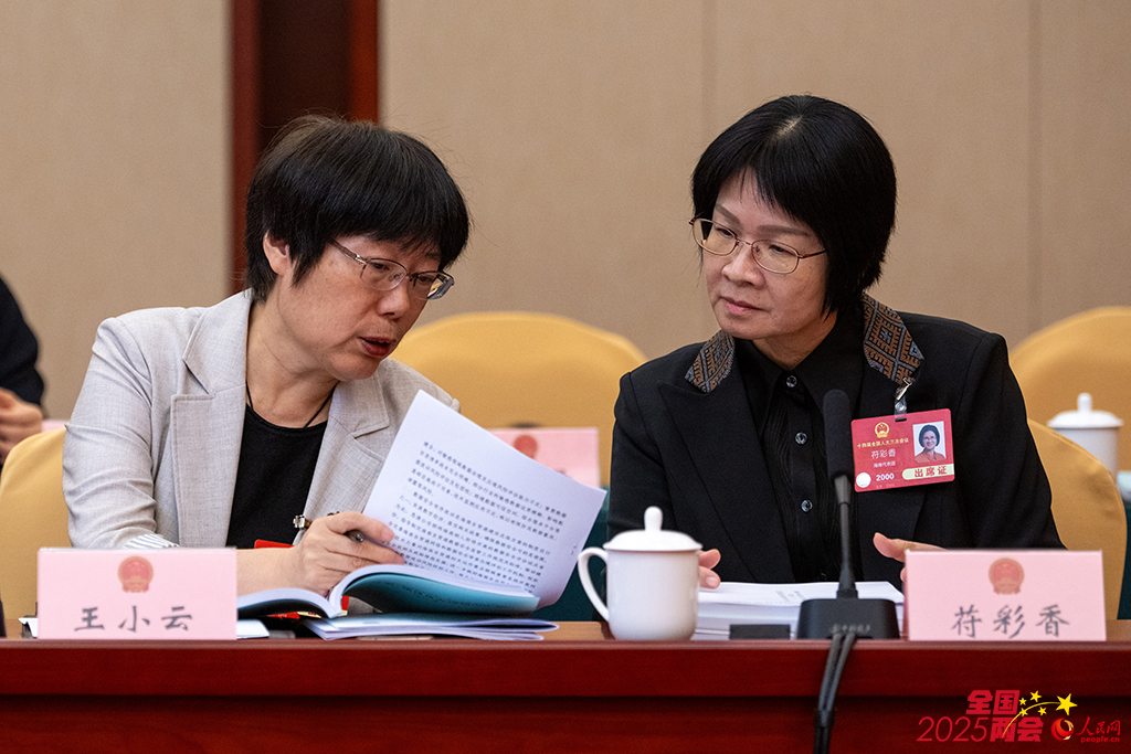 3月6日，海南代表团王小云代表（左）与苻彩香代表正在讨论政府工作报告。人民网记者 翁奇羽摄