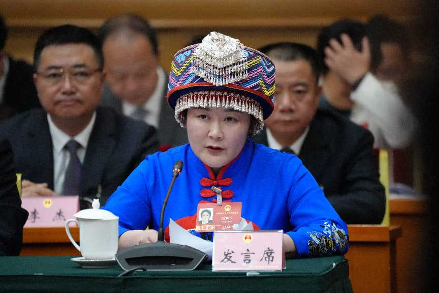 全國人大代表、四川省宣漢縣龍泉土家族鄉黃連村黨支部書記胡曉玲在團組會議上發言。人民網記者 李平攝